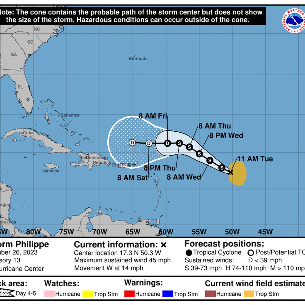 Trayectoria pronosticada para la tormenta tropical Philippe, según el boletín de las 11:00 a.m. del 26 de septiembre de 2023.