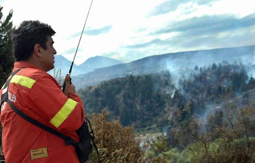Un bombero observa un incendio forestal en la sureña provincia argentina de Chubut, en un sector del Parque Nacional Los Alerces.
