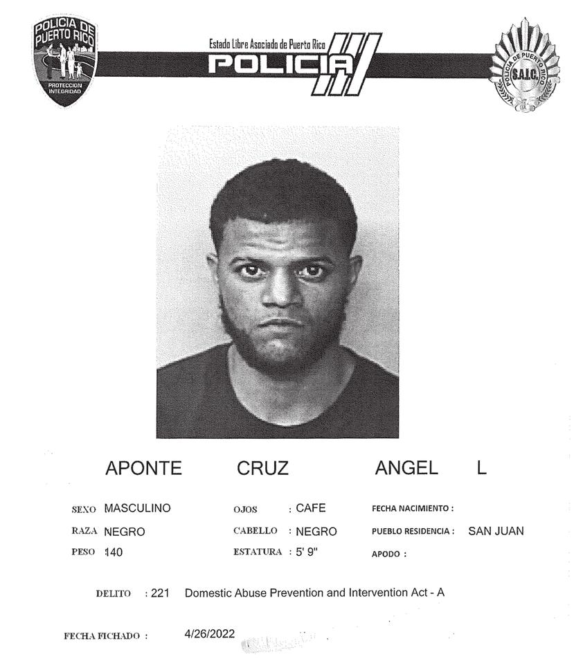 Ficha del boxeador Ángel Luis Aponte Cruz tras ser arrestado el 26 de abril de 2022 por otro caso de Ley 54.