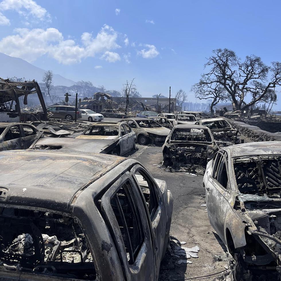 In this photo provided by Tiffany Kidder Winn, burned-out cars sit after a wildfire raged through Lahaina, Hawaii, on Wednesday, Aug. 9, 2023. The scene at one of Maui's tourist hubs on Thursday looked like a wasteland, with homes and entire blocks reduced to ashes as firefighters as firefighters battled the deadliest blaze in the U.S. in recent years. (Tiffany Kidder Winn via AP)