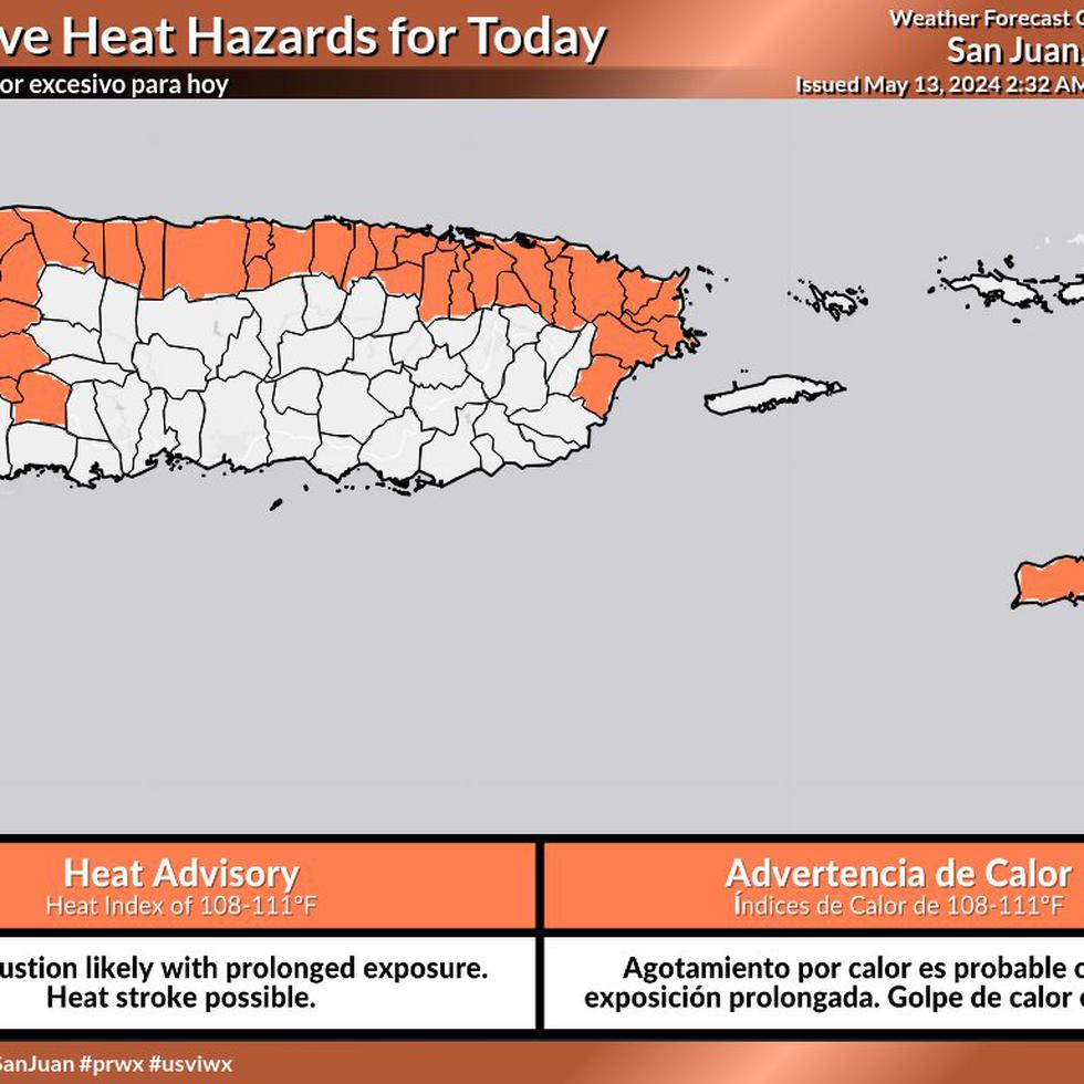 El Servicio Nacional de Meteorología emitió una advertencia de calor desde las 10:00 a.m. hasta las 5:00 p.m. para los municipios costeros del oeste, norte y este de Puerto Rico.