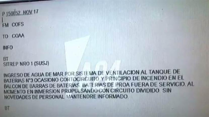 La transcripción del último mensaje emitido por el submarino ARA San Juan por radiofrecuencia, el último miércoles 15 de noviembre (La Nación / Captura TV).
