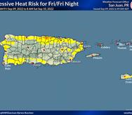 Mapa que muestra los niveles de riesgo de calor extremo para Puerto Rico en este viernes, 9 de septiembre de 2022.