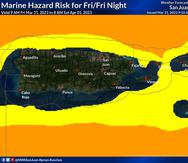 Mapa que muestra los niveles de riesgos por condiciones marítimas peligrosas para este 31 de marzo de 2023. El color amarillo es riesgo limitado y el anaranjado representa el riesgo elevado.
