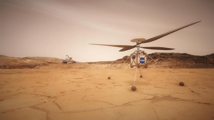 Ilustración preparada por la NASA que muestra el dron Ingenuity (en primer plano), y el rover Perseverance.