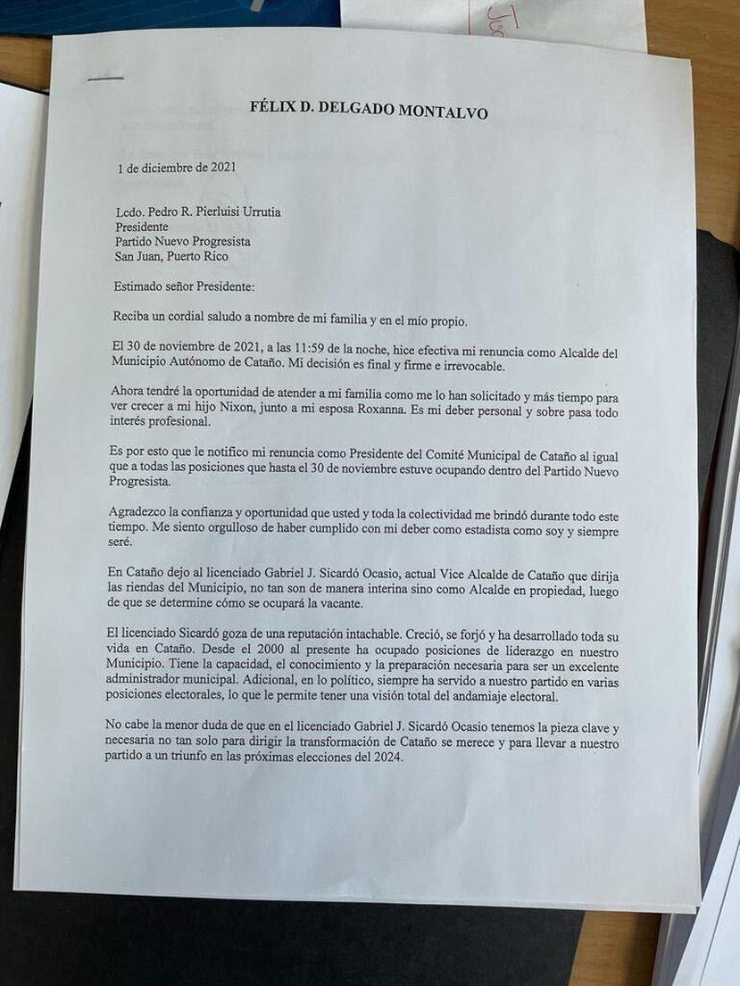 Carta de Félix "el Cano" Delgado al presidente del PNP, Pedro Pierluisi