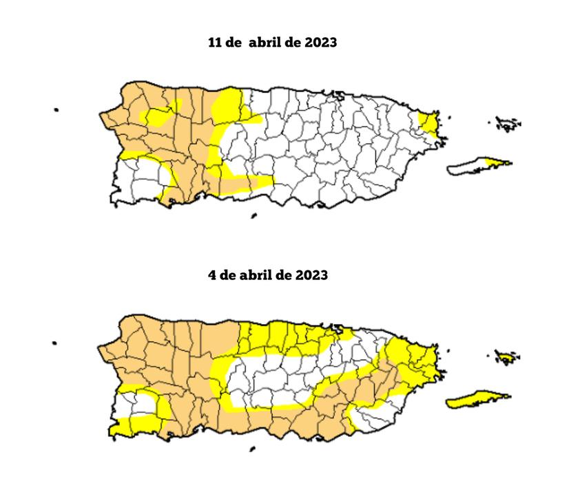 Fotomontaje que muestra el cambio en el patrón de sequía en Puerto Rico tras fuertes lluvias de una vaguada. Actualizado con informe del 11 de abril de 2023.