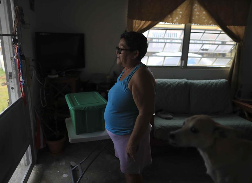 Carmen Montero, residente del barrio Ingenio en Toa Baja, quien vive con un toldo azul en sustitución a su techo desde el paso del huracán María.