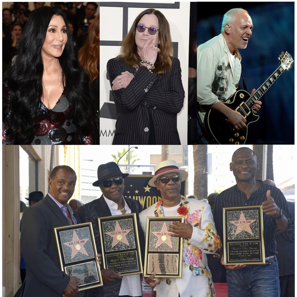 Arriba desde la izquierda, la cantante estadounidense Cher, el cantante británico Ozzy Orbourne, y el cantante británico Peter Frampton; y abajo los integrantes de la agrupación Kool and the Gang; todos están entre los candidatos admitidos para el Salón de la Fama del Rock and Roll este 2024.
