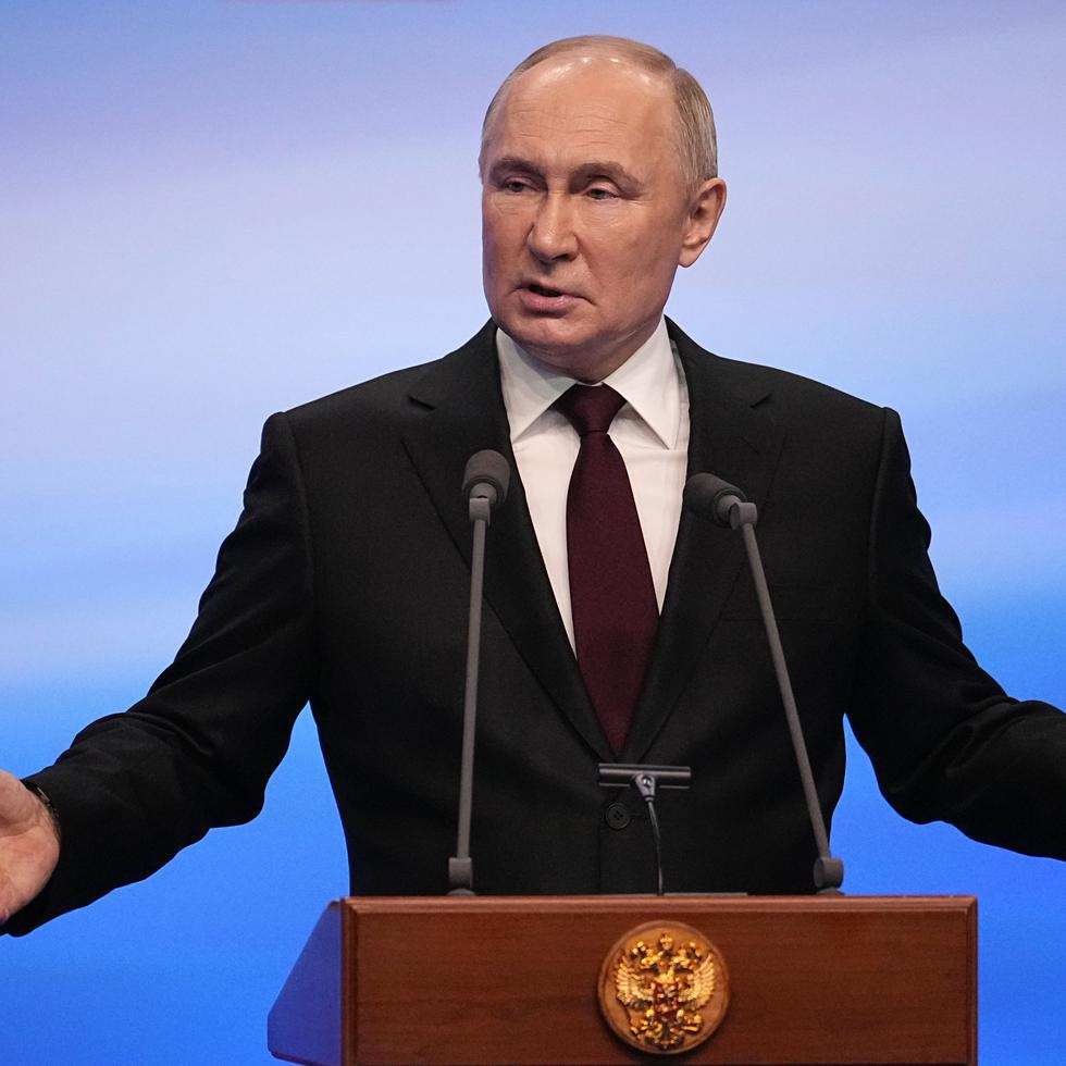 El presidente de Rusia, Vladimir Putin, durante una presentación el lunes 18 de marzo de 2024. (AP Foto/Alexander Zemlianichenko)