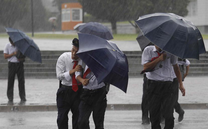 Norcorearos se protegen con paraguas de las lluvias y los fuertes vientos del tifón Lingling, el 7 de septiembre de 2019, en Pyongyang, Corea del Norte. (AP)