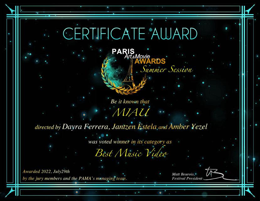 Certificado del premio recibido por Amber Yezel y su equipo en los Paris Art & Movie Awards por el video del tema "Miau".