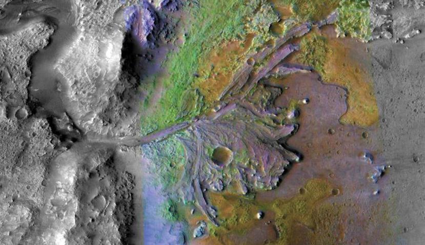 Imagen satelital del cráter Jezero, donde los sedimentos contienen arcillas y carbonatos. (EFE)