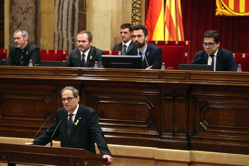 El candidato a presidente de la Generalitat por JxCat, Quim Torra, durante su intervencion ante el pleno del Parlament, donde se celebra la segunda sesión del debate de investidura. (EFE)