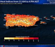 Gráfica que muestra los índices de calor pronosticado para este miércoles, 10 de agosto de 2022, en Puerto Rico.