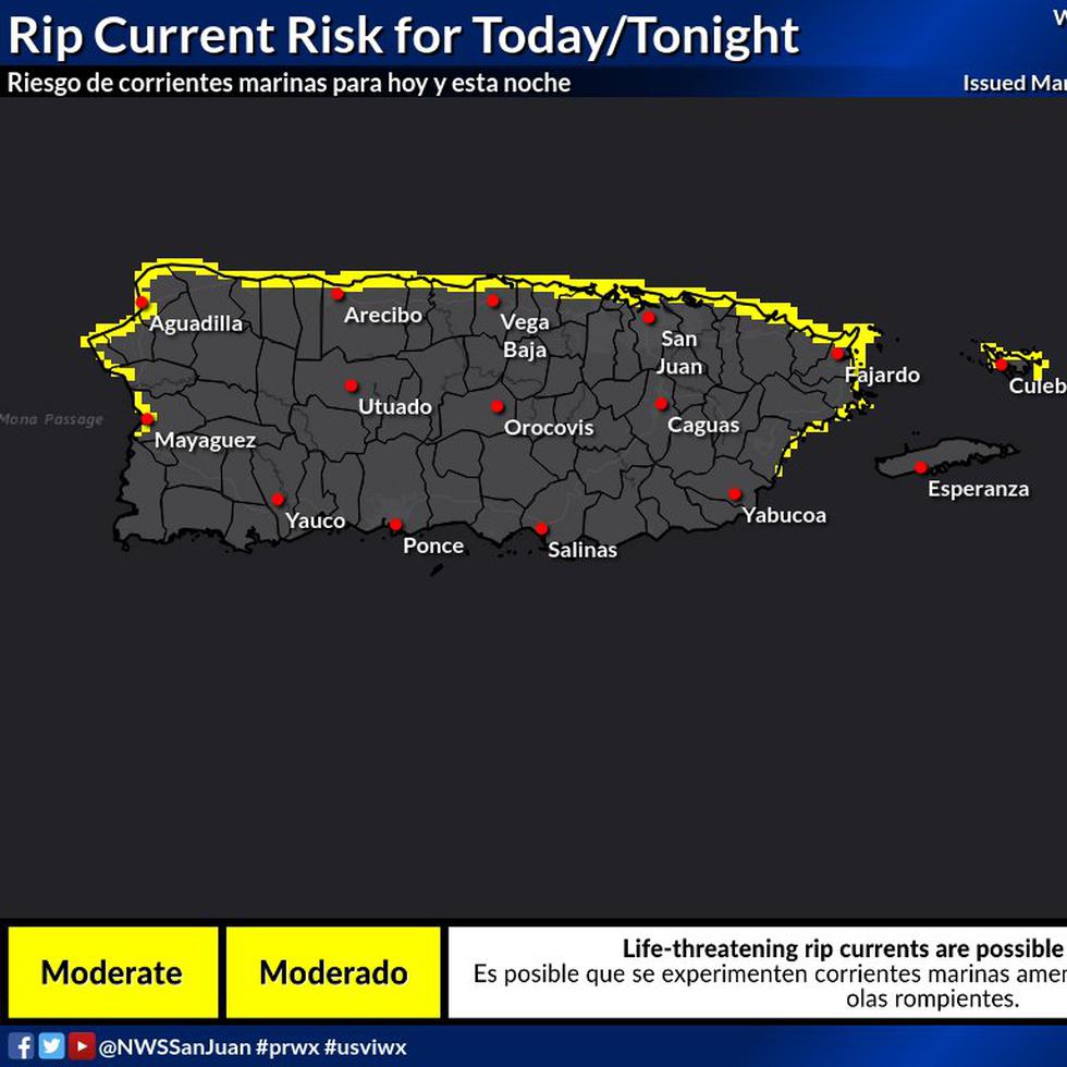 Para el lunes, hay un riesgo moderado de corrientes marinas para municipios en el oeste, norte y este de Puerto Rico.