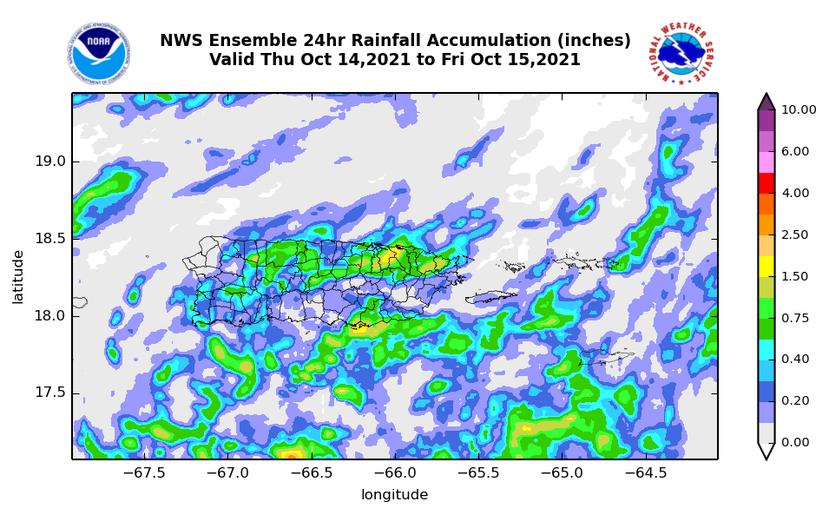 Mapa que muestra el estimado en acumulación de lluvias que podría experimentar la isla este 14 de octubre de 2021.