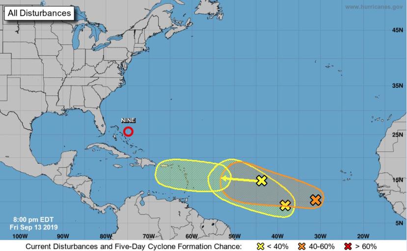 Pronóstico del Centro Nacional de Huracanes a las 8:00 p.m. del 13 de septiembre de 2019. (NOAA)