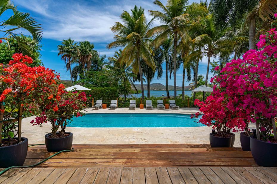La piscina de la hospedería está rodeada de palmeras y trinitarias, y tiene vista al mar. 