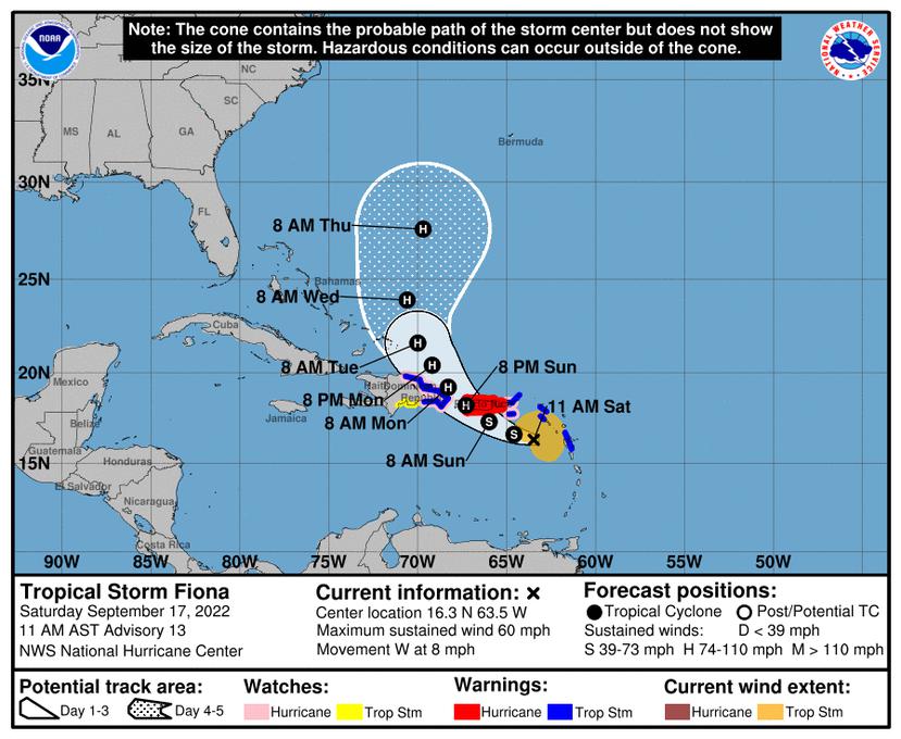 La trayectoria oficial de la tormenta tropical Fiona se reajustó más al norte en el boletín de las 11:00 a.m. del sábado, 17 de septiembre de 2022.