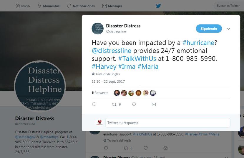 Disaster distress socializó el servicio a través de su cuenta en Twitter.