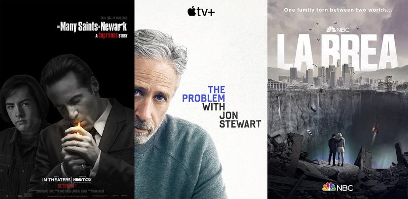 De izquierda a derecha: "The Many Saints of Newark"; "The Problem with Jon Stewart" y "La Brea", producciones que estrenarán durante esta semana.