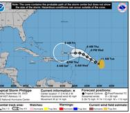 Trayectoria pronosticada para la tormenta tropical Philippe, según el boletín de las 11:00 a.m. del 26 de septiembre de 2023.