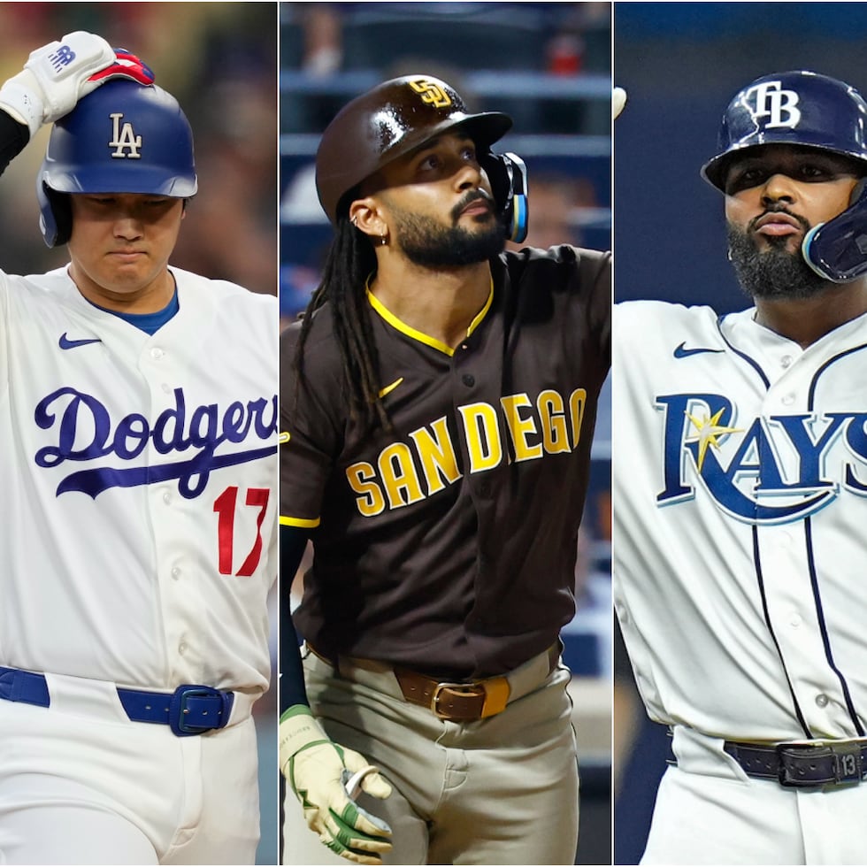 Shohei Ohtani (izq.), de los Dodgers, Fernando Tatis, Jr. (centro), de los Padres, y Junior Caminero (der), de los Rays, son solo tres de las figuras que deben estar activas en las Series Divisionales.