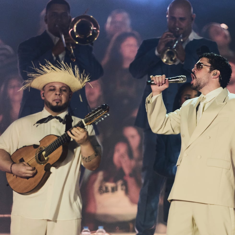 Bad Bunny performs in concert at the Monumental stadium in Buenos Aires, Argentina, Friday, Feb. 13, 2026. (AP Photo/Rodrigo Abd)