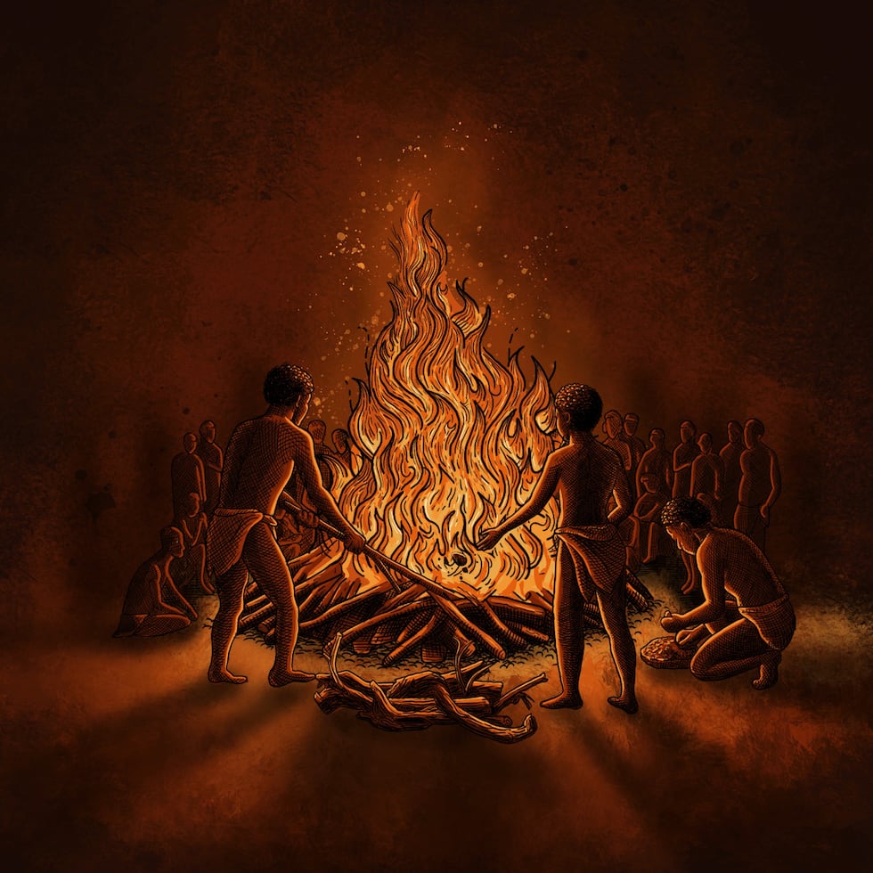 Reconstrucción de la pira de Hora en color. Ilustración por Patrick Fahy.