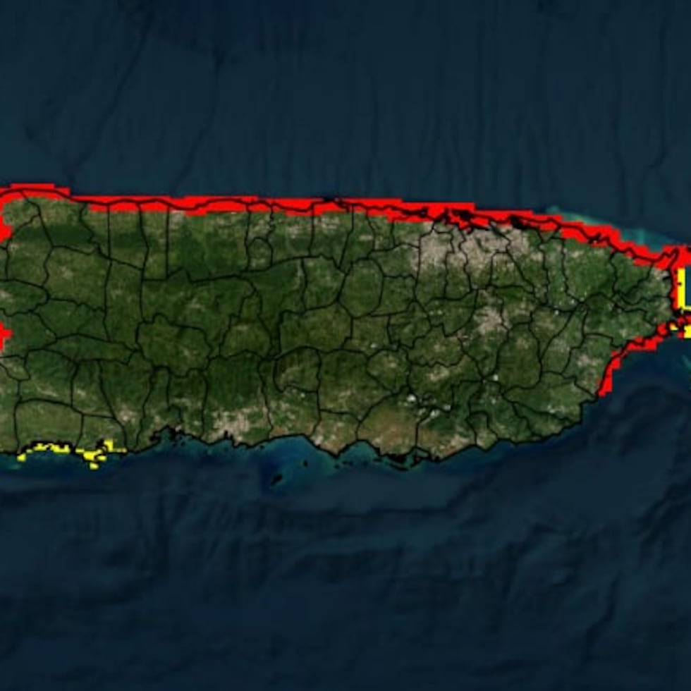The area in red shows coasts with dangerous sea currents due to the effects of a swell.
