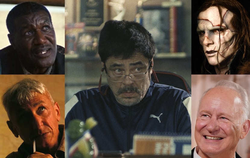 Los nominados al premio Oscar en a categoría de Mejor actor de reparto son, desde la izquierda a favor de las manecillas del reloj, Sean Penn, Delroy Lindo, Benicio del Toro, Jacob Elordi y Stellan Skarsgård.