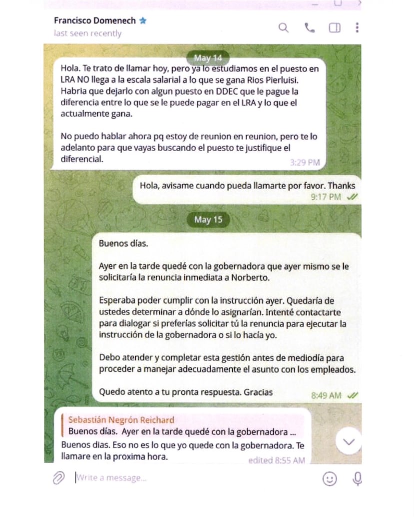 Alegados mensajes entre Sebastián Negrón Reichard y Francisco Domenech