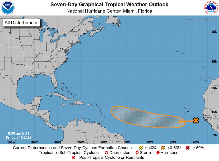 Este mapa marca la zona de posible desarrollo de una onda tropical al este del Atlántico. Este mapa no representa una trayectoria oficial y corresponde al análisis de las 8:00 a.m. el 16 de junio de 2023.