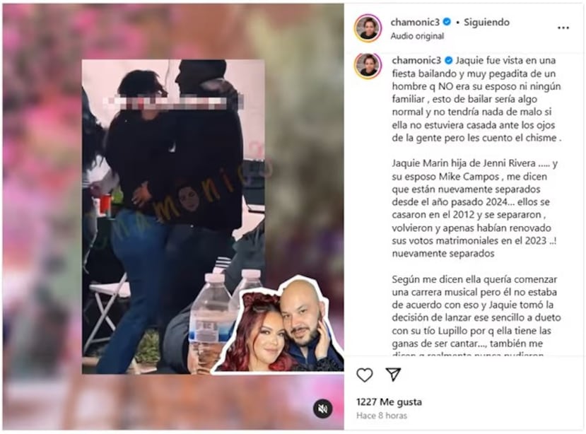 Jacqie Rivera estaría separada de su esposo, según Chamonic.