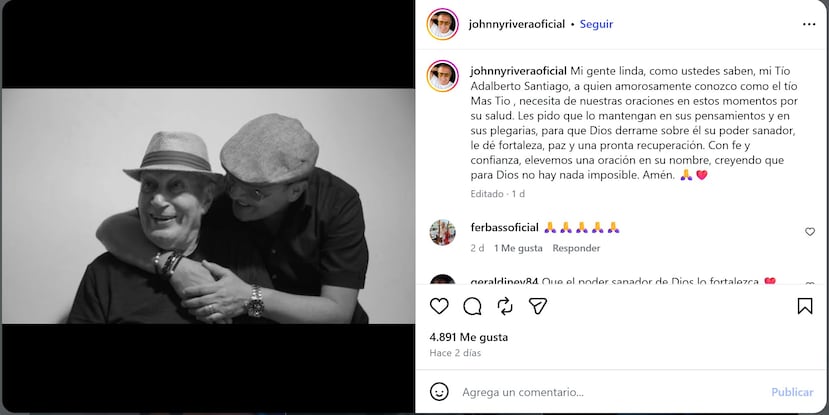 Primer mensaje de Johnny Rivera en el que pide oraciones por Adalberto Santiago.