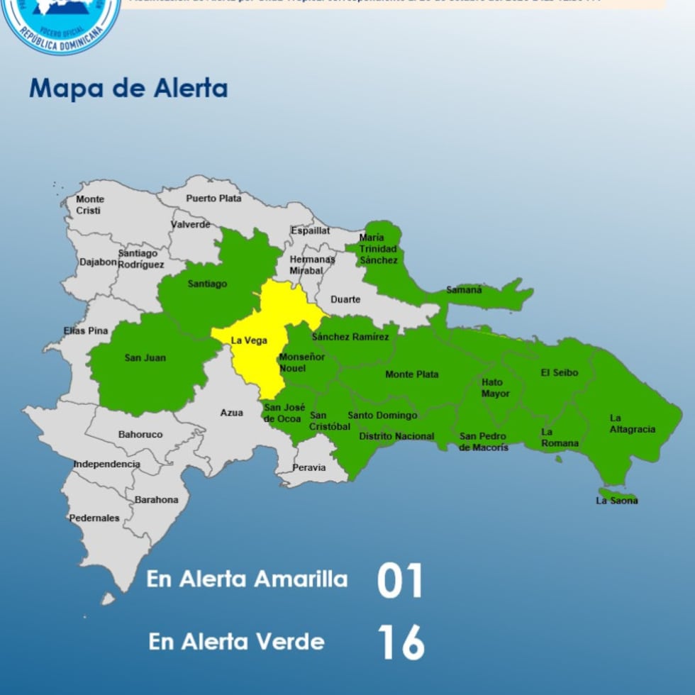El Centro de Operaciones de Emergencias (COE), mantiene una provincia en alerta amarilla y 16 en alerta verde, por posible Inundaciones repentinas urbanas y rurales, crecidas de ríos, arroyos y cañadas, así como deslizamientos de tierra.