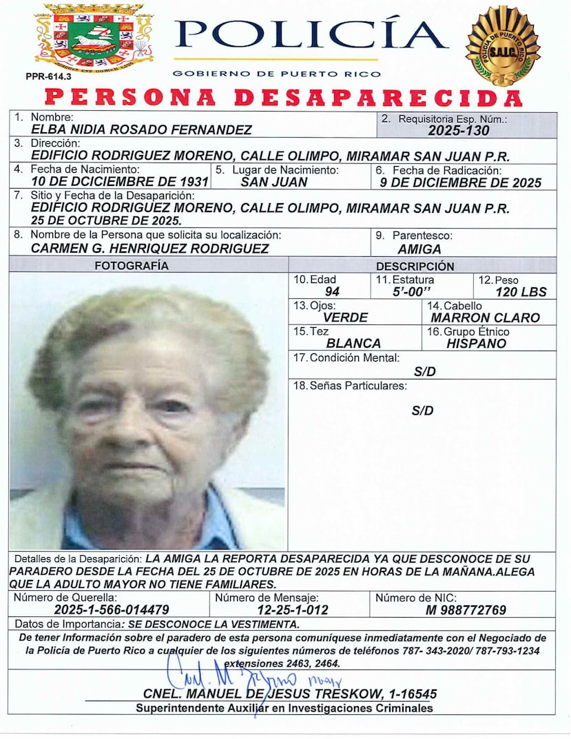La desaparición de Elba Nydia Rosado Fernández fue reportada por una amiga identificada como Carmen G. Henríquez Rodríguez, al Rosado Fernández no tener familiares cercanos.