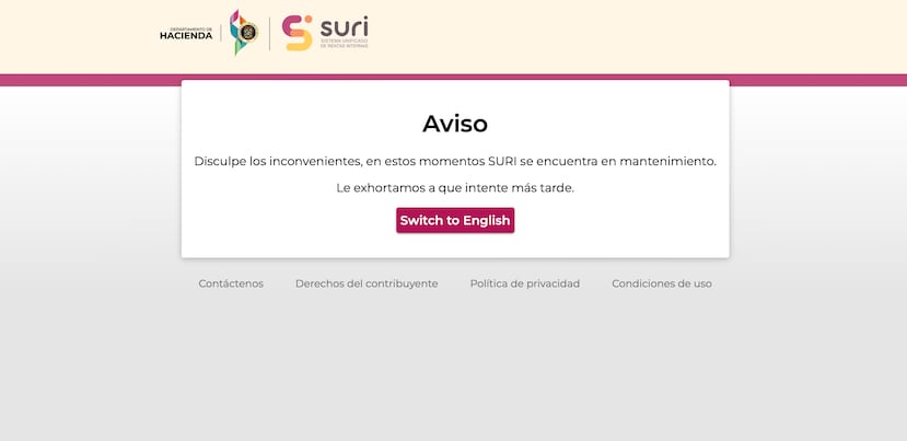 Mensaje plasmado en el portal de SURI.