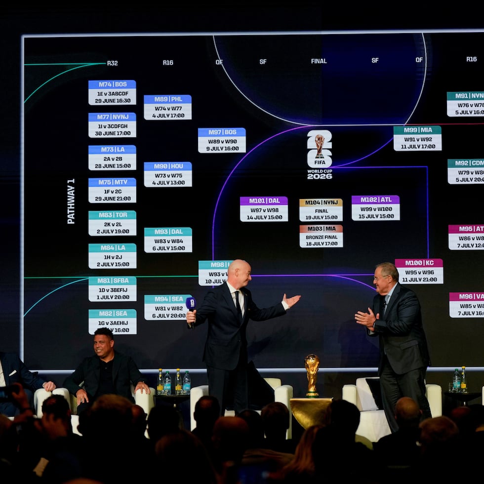 De izquierda a derecha, Alexi Lalas y Ronaldo escuchan mientras el presidente de la FIFA, Gianni Infantino, y el presentador Andrés Cantor aplauden.