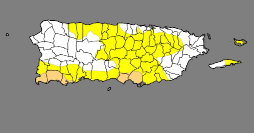 Mapa del Monitor de Sequía de Estados Unidos (USDM, en inglés), que muestra las zonas de Puerto Rico bajo condiciones atípicamente secas y seuqía moderada.