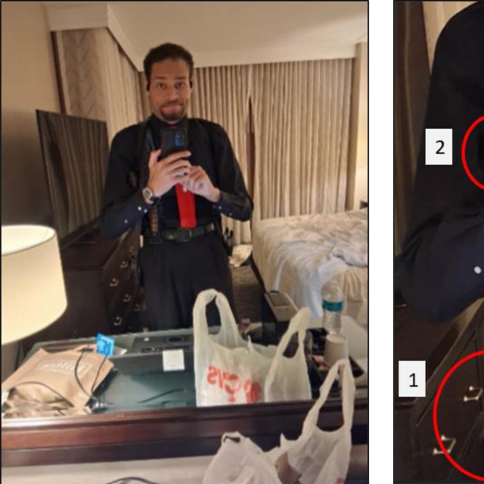 Esta imagen del 29 de abril de 2026, contenida en un documento judicial del Departamento de Justicia, muestra a Cole Tomas Allen dentro de su habitación de hotel en Washington.