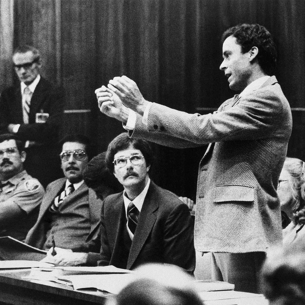 FILE - Ted Bundy presents a motion during his murder trial in Miami, June 25, 1979. (AP Photo, Pool, File)