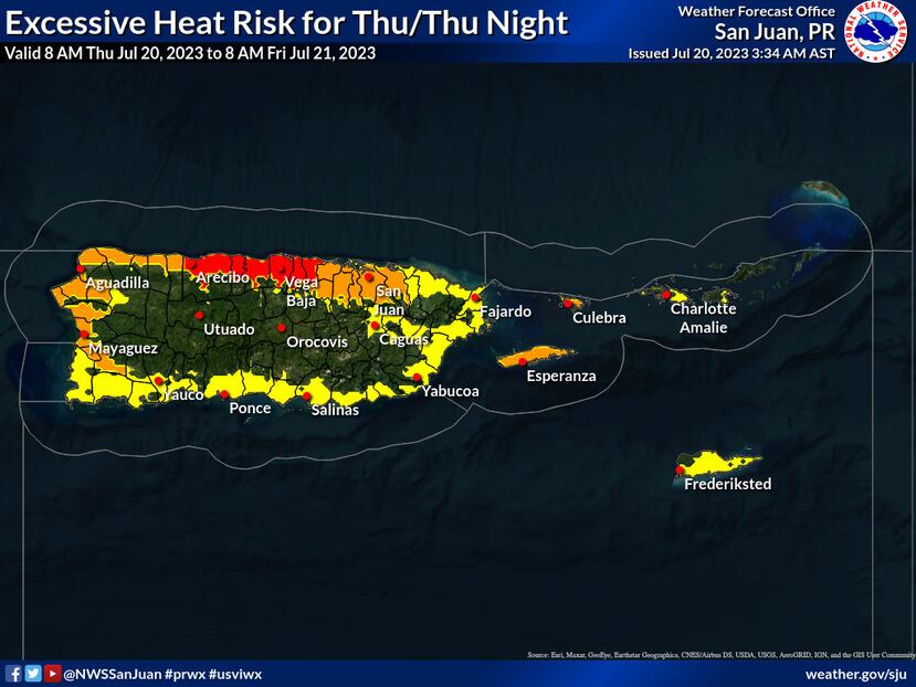 Mapa de niveles de riesgos de calor para el 20 de julio de 2023. El amarillo es riesgo limitado, el anaranjado es riesgo elevado y el rojo significativo.