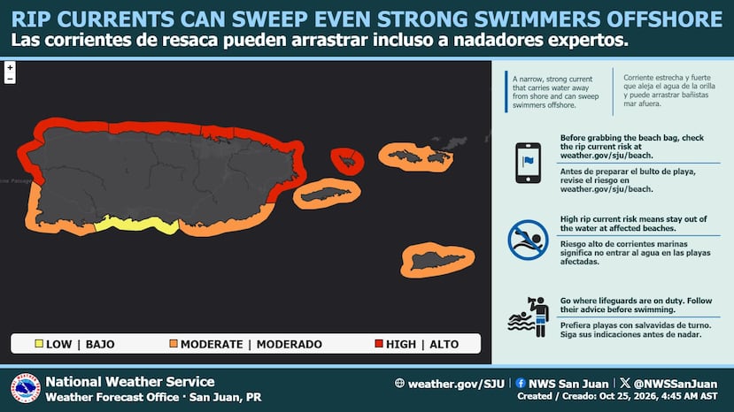 Un riesgo de corrientes marinas moderadas estará vigente hoy para las costas de Puerto Rico.