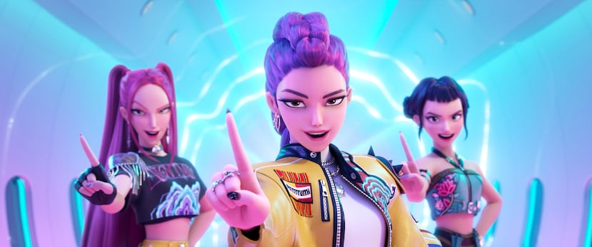 De izquierda a derecha, los personajes principales de la película "KPop Demon Hunters", Mira, Rumi y Zoey.