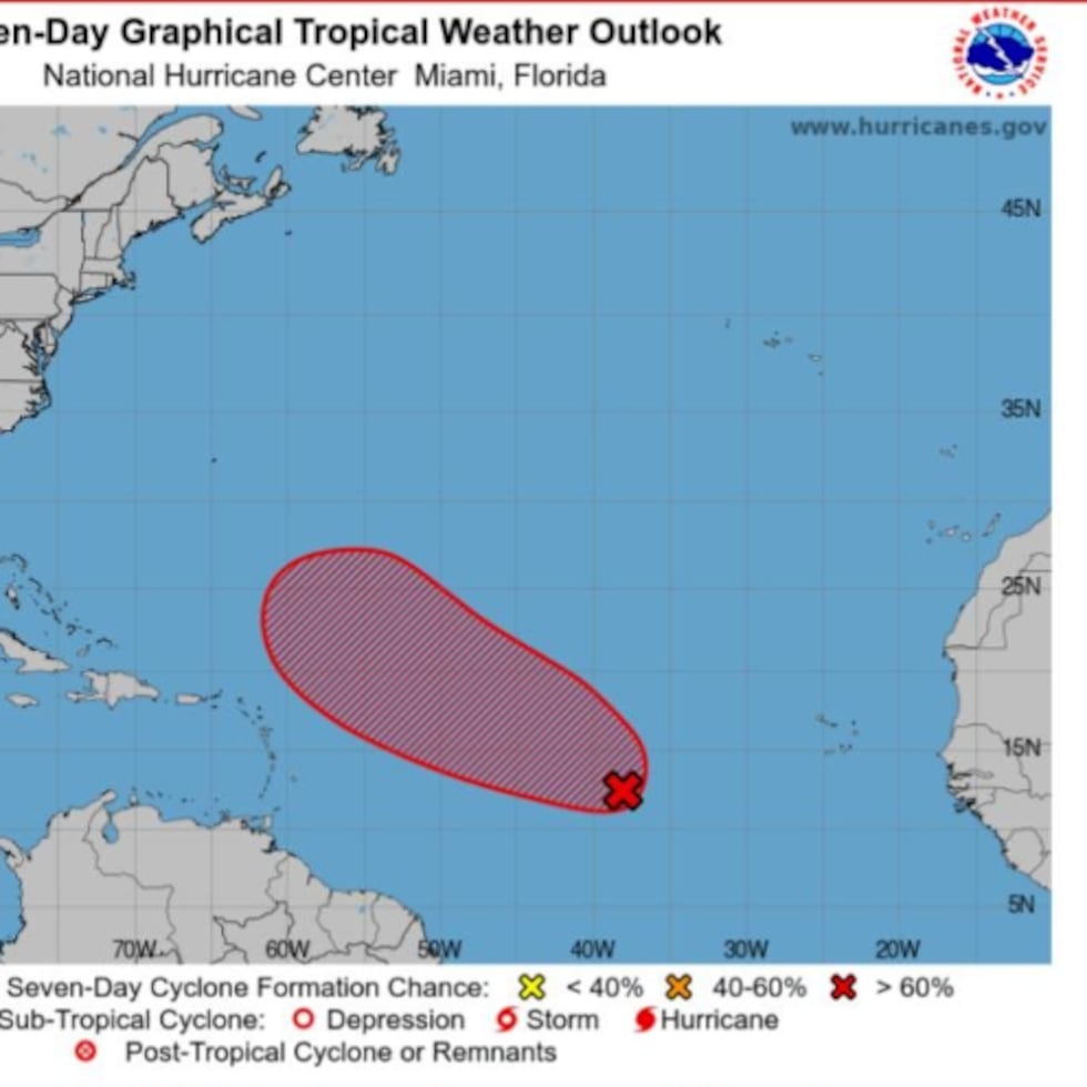 El disturbio en el océano Atlántico tiene un 80% de probabilidad de formación en los próximos siete días.