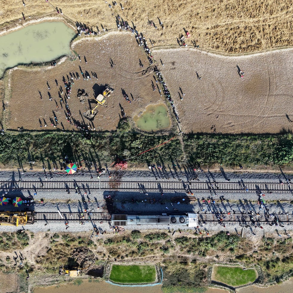 Una excavadora hace un hoyo para enterrar el cadáver de un elefante asiático salvaje.