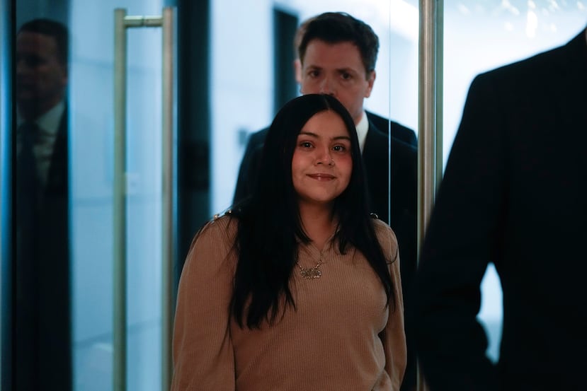 Marimar Martinez, a woman who was shot by a Border Patrol agent last year, arrives with her attorneys during a press conference Wednesday, Feb. 11, 2026, in Chicago. (AP Photo/Erin Hooley)