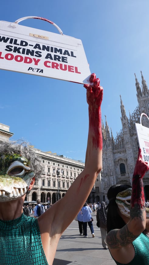 Dos activistas de PETA realizaron la manifestación en la Plaza del Duomo, frente a la catedral de Milán.